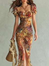 Vestido maxi naranja de chifón con estampado bohemio tipo óleo sobre lienzo