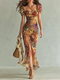 Vestido maxi naranja de chifón con estampado bohemio tipo óleo sobre lienzo