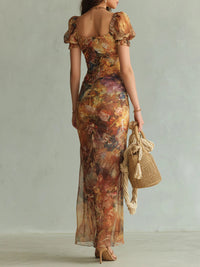 Vestido maxi naranja de chifón con estampado bohemio tipo óleo sobre lienzo