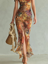 Vestido maxi naranja de chifón con estampado bohemio tipo óleo sobre lienzo