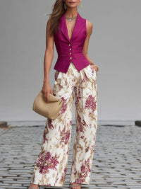 Conjunto de chaleco rosa sin mangas y pantalón ancho estampado floral