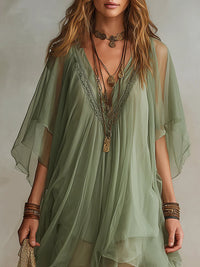 Vestido Mini Fluido por Capas con Escote en V Verde