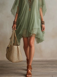 Vestido Mini Fluido por Capas con Escote en V Verde
