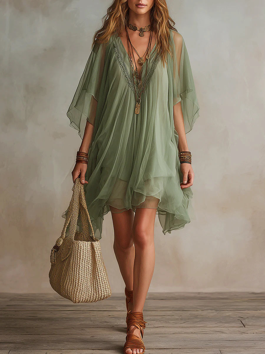 Vestido Mini Fluido por Capas con Escote en V Verde