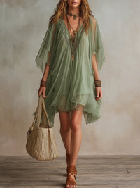 Vestido Mini Fluido por Capas con Escote en V Verde