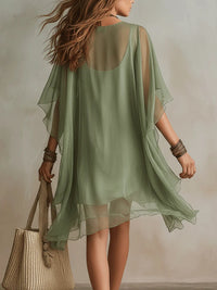 Vestido Mini Fluido por Capas con Escote en V Verde