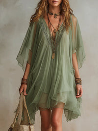 Vestido Mini Fluido por Capas con Escote en V Verde