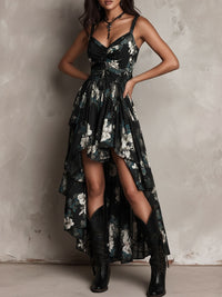 Vestido maxi negro sin tirantes de largo irregular con estampado floral bohemio
