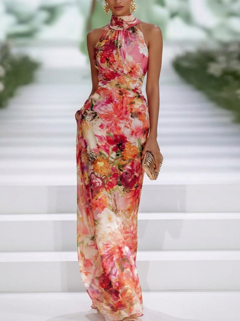 Vestido maxi rojo de chifón sin mangas con escote halter