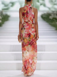 Vestido maxi rojo de chifón sin mangas con escote halter
