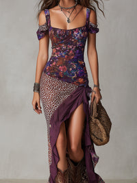 Abito Maxi in Stile Urbano Nomade con Stampa Leopardo e Fiori a Scollo Alto