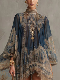 Vestido Mini Asimétrico con Estampado Barroco Azul Marino y Cuello Alto