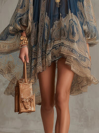 Vestido Mini Asimétrico con Estampado Barroco Azul Marino y Cuello Alto
