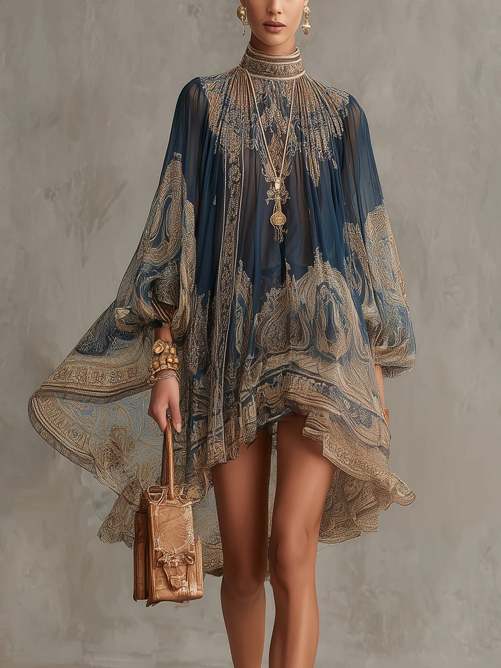 Vestido Mini Asimétrico con Estampado Barroco Azul Marino y Cuello Alto
