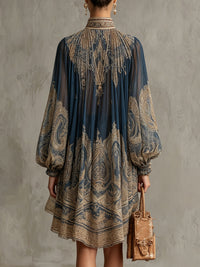 Vestido Mini Asimétrico con Estampado Barroco Azul Marino y Cuello Alto