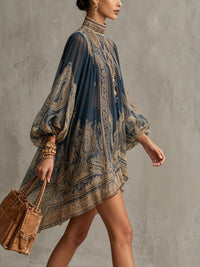 Vestido Mini Asimétrico con Estampado Barroco Azul Marino y Cuello Alto