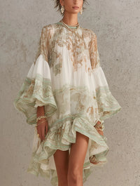 Abito Mini in Chiffon con Righe e Maniche a Volant Verde