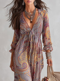 Abito Maxi in Chiffon con Stampa Paisley e Scollo a V