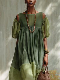 Abito Midi in Chiffon Verde con Spalle Scoperte e Maniche Corte