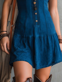 Vestido mini índigo sin mangas con escote en V y botones bohemio