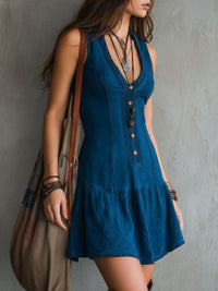 Vestido mini índigo sin mangas con escote en V y botones bohemio