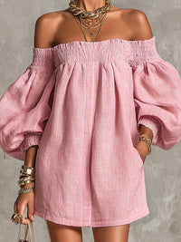 Vestido Mini Evasé Holgado con Mangas Farol y Hombros Descubiertos Rosa