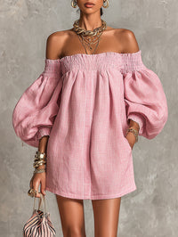 Vestido Mini Evasé Holgado con Mangas Farol y Hombros Descubiertos Rosa