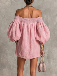 Vestido Mini Evasé Holgado con Mangas Farol y Hombros Descubiertos Rosa