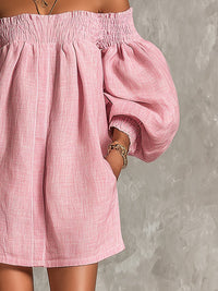 Vestido Mini Evasé Holgado con Mangas Farol y Hombros Descubiertos Rosa