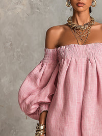 Vestido Mini Evasé Holgado con Mangas Farol y Hombros Descubiertos Rosa