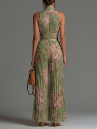 Tuta in Chiffon Verde Floreale Senza Maniche con Zip e Pieghe a Gamba Larga