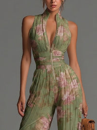 Tuta in Chiffon Verde Floreale Senza Maniche con Zip e Pieghe a Gamba Larga