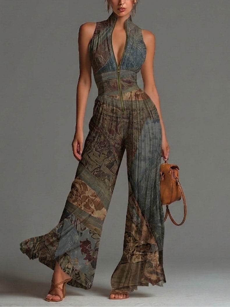 Mono sin mangas de chifón con estampado étnico bohemio, cremallera y pantalón ancho plisado