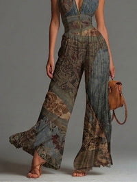 Mono sin mangas de chifón con estampado étnico bohemio, cremallera y pantalón ancho plisado