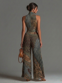 Mono sin mangas de chifón con estampado étnico bohemio, cremallera y pantalón ancho plisado