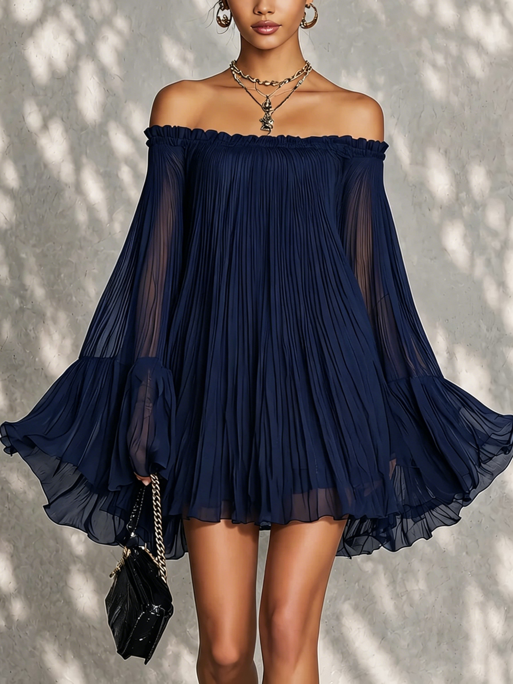 Vestido Mini de Mangas Acampanadas con Volantes y Hombros Descubiertos