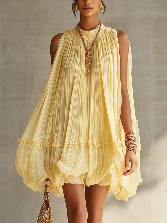 Vestido Mini de Volantes en Chifón Amarillo con Escote Halter