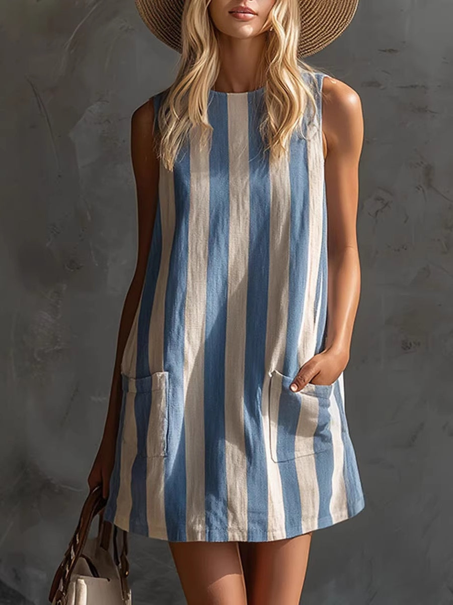 Vestido Mini Sin Mangas de Rayas con Cuello Redondo