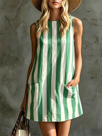 Vestido Mini Sin Mangas de Rayas con Cuello Redondo