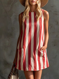 Vestido Mini Sin Mangas de Rayas con Cuello Redondo