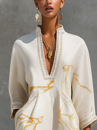 Vestido Mini de Viscosa Estampado en Oro Marfil