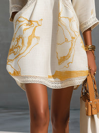 Vestido Mini de Viscosa Estampado en Oro Marfil