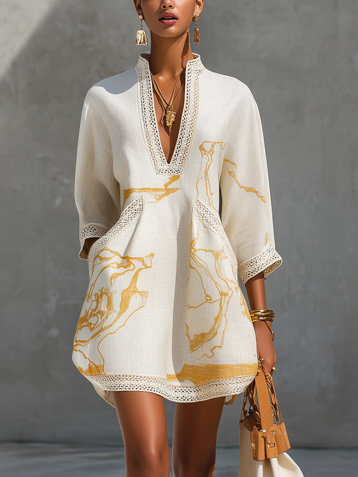 Vestido Mini de Viscosa Estampado en Oro Marfil