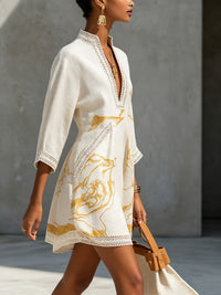 Vestido Mini de Viscosa Estampado en Oro Marfil
