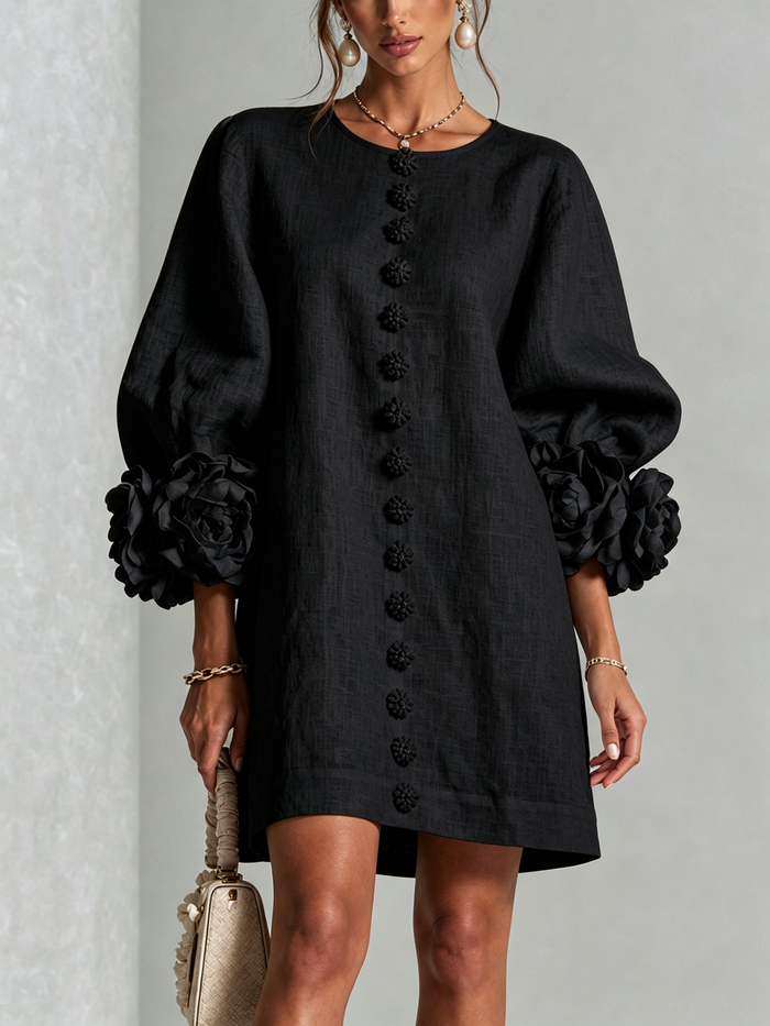 Cecilia | Minivestido de Mezcla de Lino con Puños de Rosa, Negro