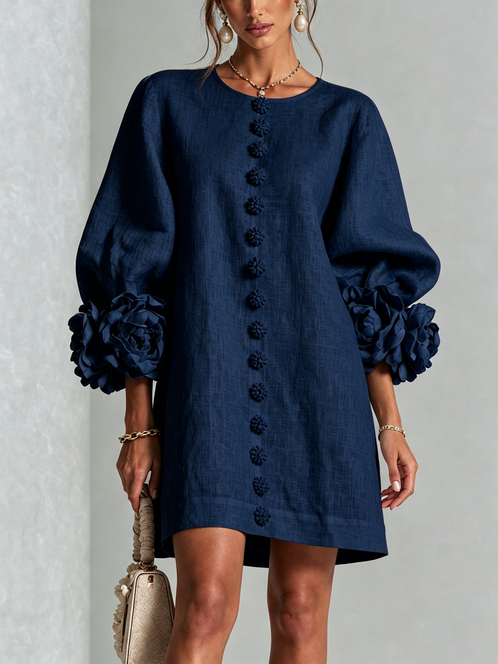 Marina | Minivestido de Mezcla de Lino con Puños de Rosa, Azul Marino