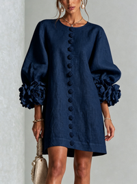 Marina | Minivestido de Mezcla de Lino con Puños de Rosa, Azul Marino