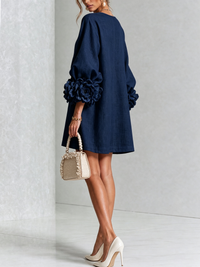 Marina | Minivestido de Mezcla de Lino con Puños de Rosa, Azul Marino