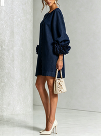 Marina | Minivestido de Mezcla de Lino con Puños de Rosa, Azul Marino