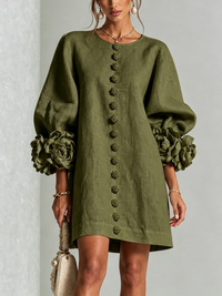 Gaia | Minivestido de Mezcla de Lino con Puños de Rosa, Verde Oliva